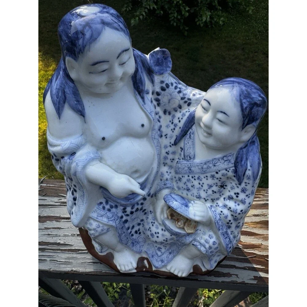 Vintage Hotei Ceramic Figurine w/ Child - Japanese Lucky God - Blue/White 10.5”